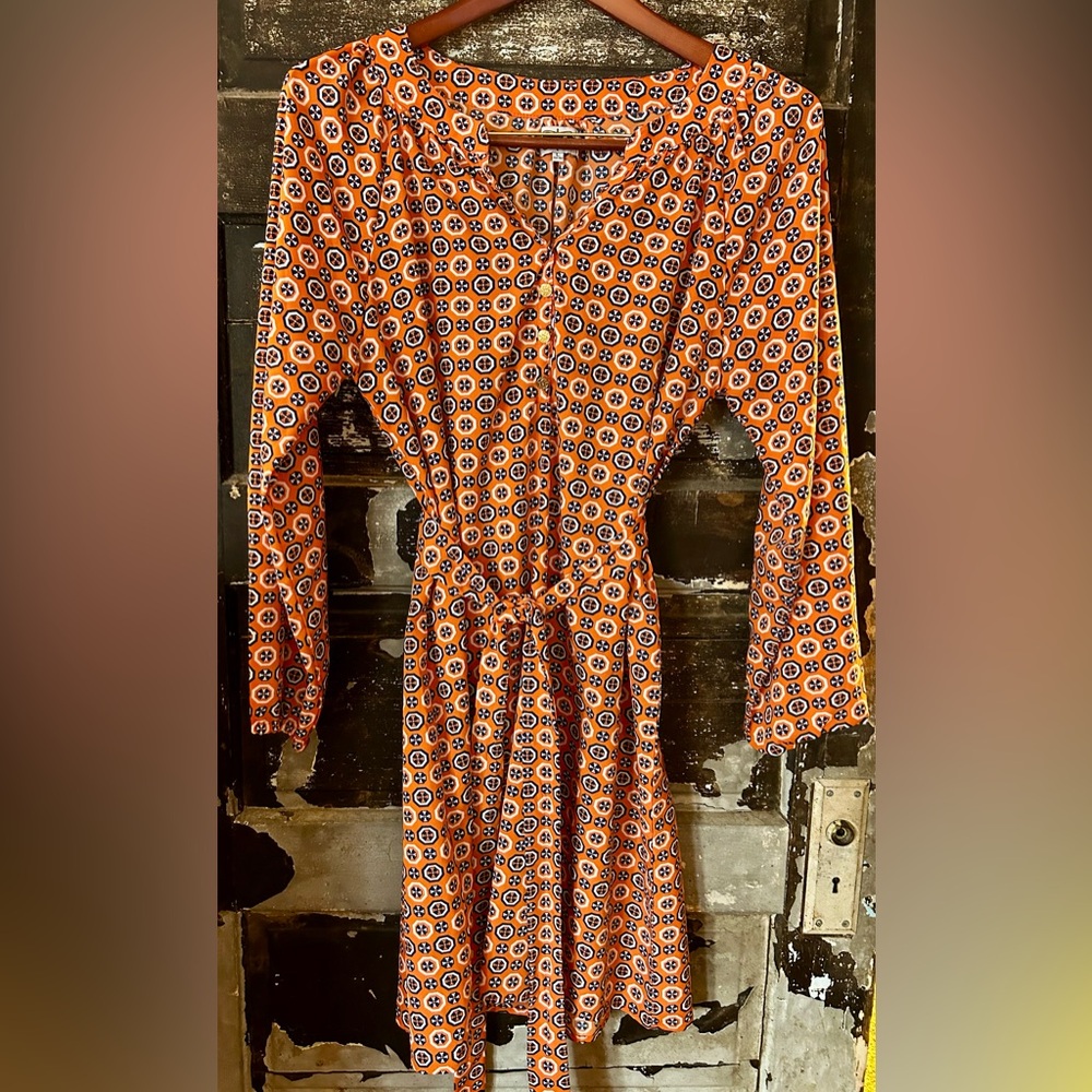 Mud Pie Long Sleeve Orange, Navy and White Dress with Gold Buttons.